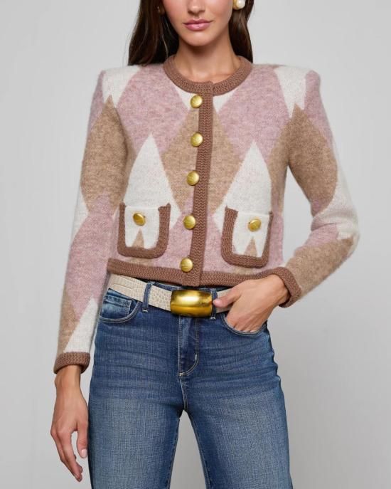  라장스 가디건 L'agence Siobhan Fuzzy Argyle Cardi / Mauve Multi Argyle - L'AGENCE