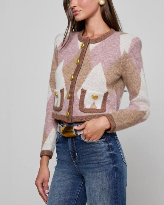 라장스 가디건 L'agence Siobhan Fuzzy Argyle Cardi / Mauve Multi Argyle - L'AGENCE