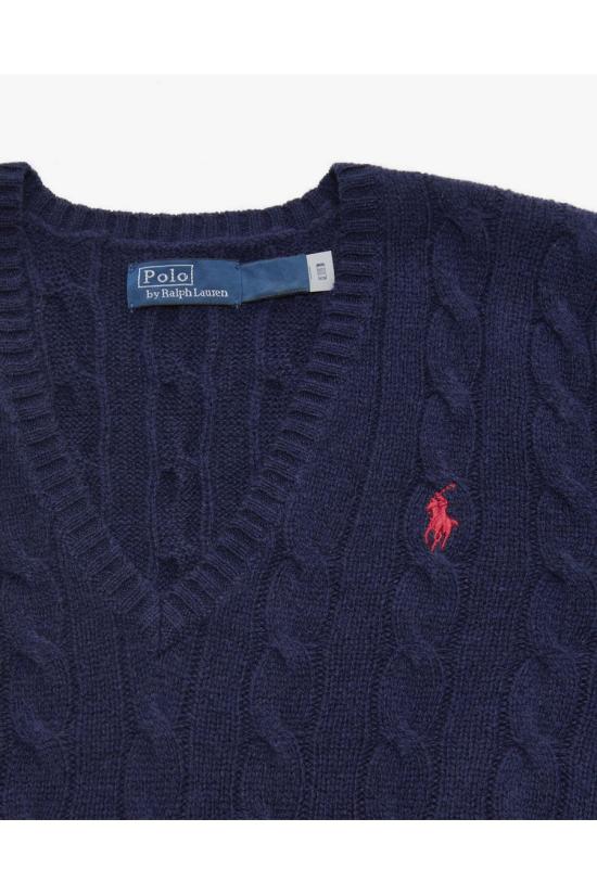 25FW 폴로 랄프로렌 포니 로고 자수 케이블 니트 v넥 스웨터 211971866003 Navy - POLO RALPH LAUREN