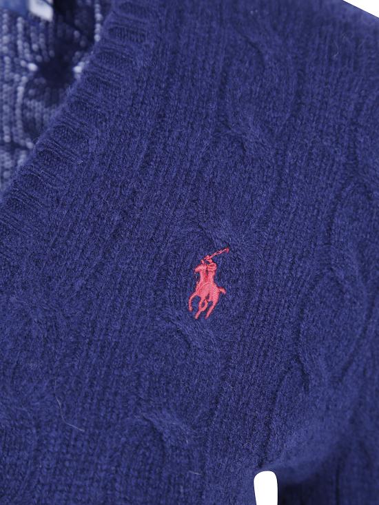 26FW 폴로 랄프로렌 포니 로고 자수 케이블 니트 v넥 스웨터 211971866099 003 BLUE - POLO RALPH LAUREN