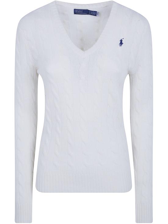 26FW 폴로 랄프로렌 포니 로고 자수 케이블 니트 v넥 스웨터 211971866099 001 WHITE - POLO RALPH LAUREN