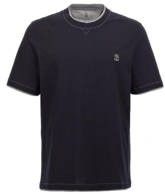 26FW 브루넬로 쿠치넬리 레이어링 코튼 저지 크루넥 티셔츠 M0B137451G CHM51 Navy grigio