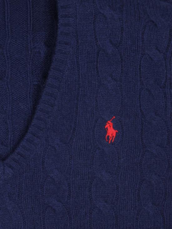 26FW 폴로 랄프로렌 포니 로고 자수 케이블 니트 v넥 스웨터 211 971866 003 BLUE - POLO RALPH LAUREN