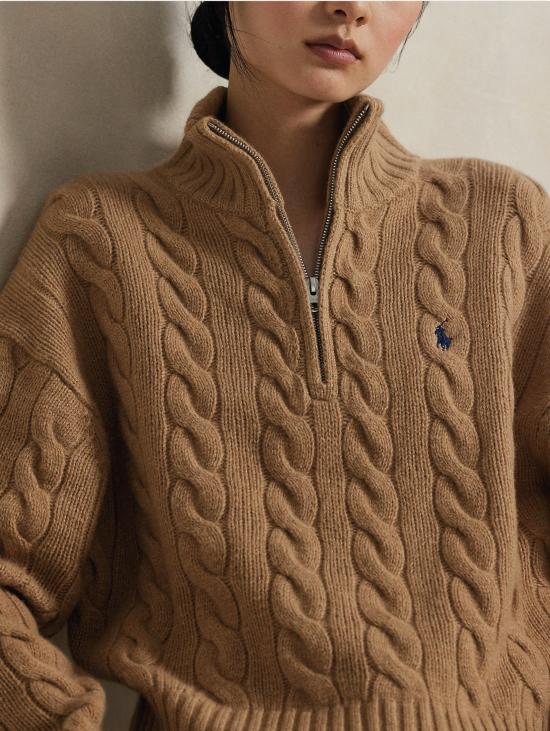 26FW 랄프 로렌 터틀넥 Lana con Mezza Zip Cammello 소재의 Maglia a Trecce - RALPH LAUREN
