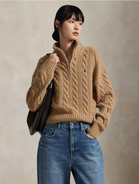 26FW 랄프 로렌 터틀넥 Lana con Mezza Zip Cammello 소재의 Maglia a Trecce