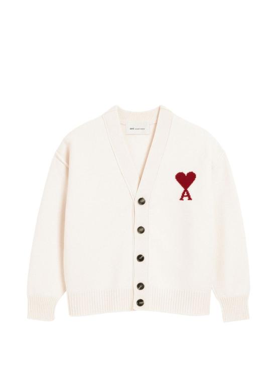 26FW 아미 하트 로고 인타르시아 V넥 가디건 UKC367018 154 BIANCO