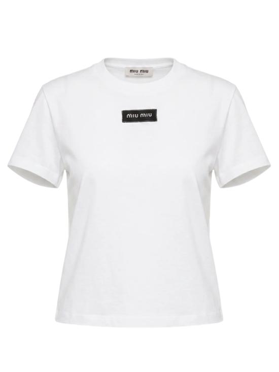26FW 미우미우 로고 자수 코튼 티셔츠 MJNA45SOOO6398 F0009 BIANCO
