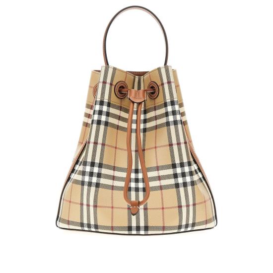 26FW 버버리 스몰 체크 레더 드로우스트링 버킷백 8109795 Beige