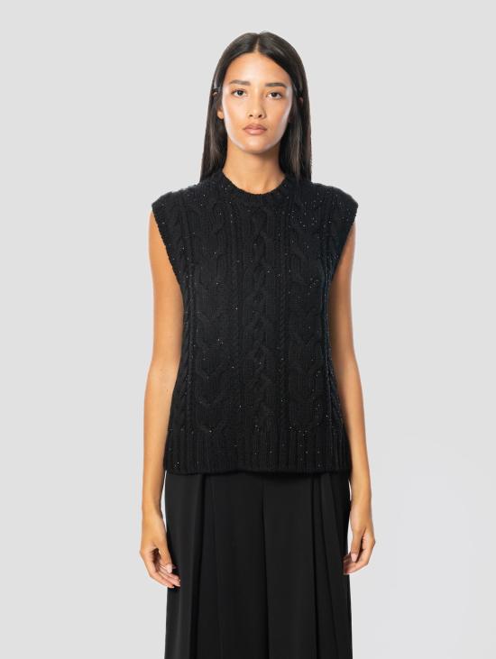 26FW 파로쉬 스웨터 Maglione Girocollo와 Treccia Piatta con Strass Applicati Nero