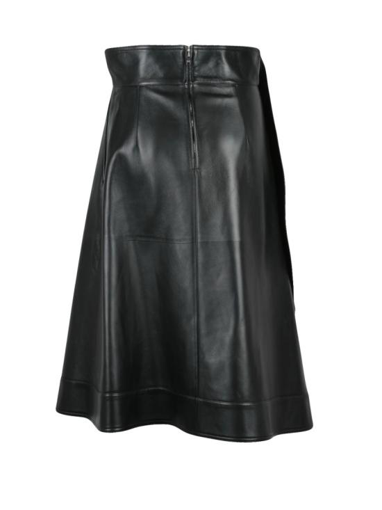 25FW 보테가베네타 롱 스커트 지퍼 여밈과 레이어드 패널이 특징인 비대칭 블랙 가죽 - BOTTEGA VENETA