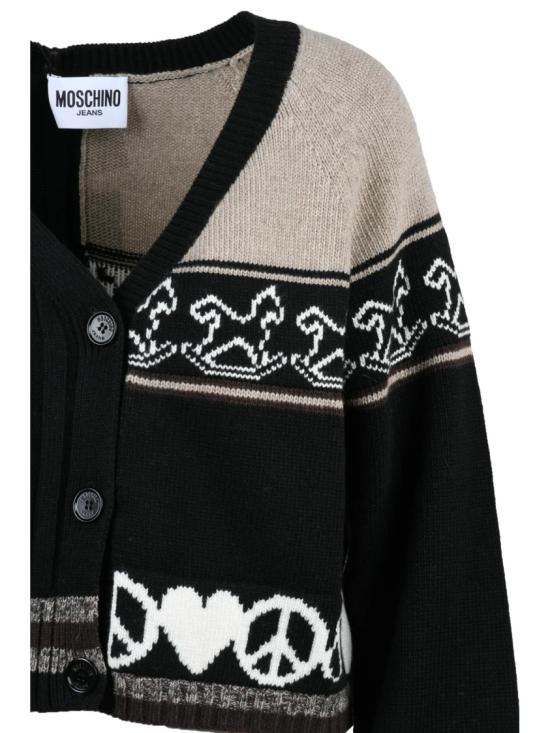 25FW 모스키노 가디건 블랙-베이지 울 혼방 숏 가디건 - MOSCHINO