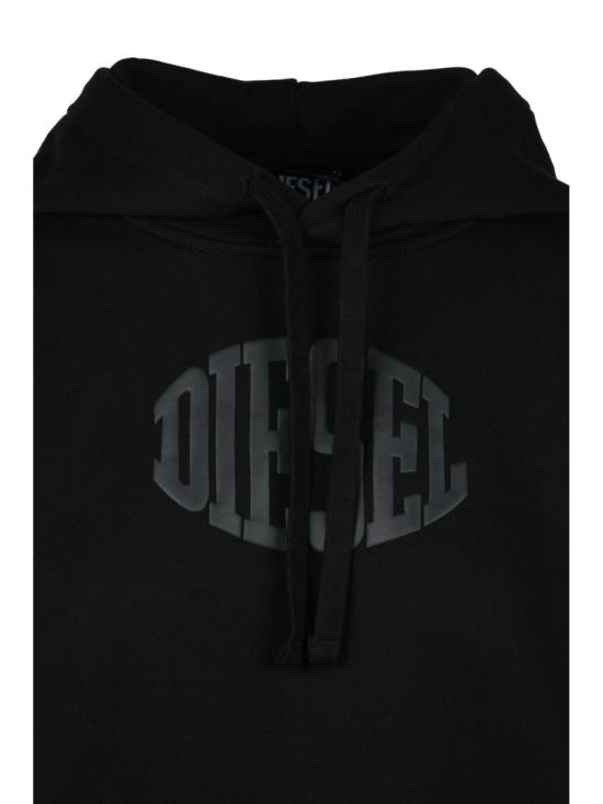 25FW 디젤 후드 티셔츠 드로스트링 후드와 엠보싱 로고가 있는 크롭 블랙 후드티 - DIESEL