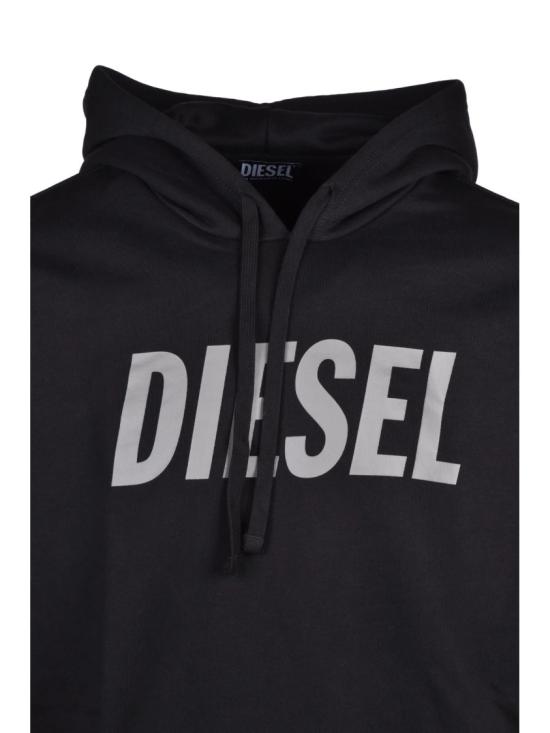 25FW 디젤 후드 티셔츠 강렬한 로고와 캥거루 포켓이 있는 블랙 스트레치 후드티 - DIESEL