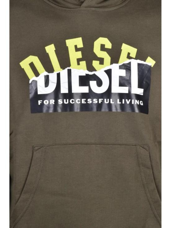 25FW 디젤 후드 티셔츠 밀리터리 그린 색상의 그래픽 프린트 면 후드티 - DIESEL