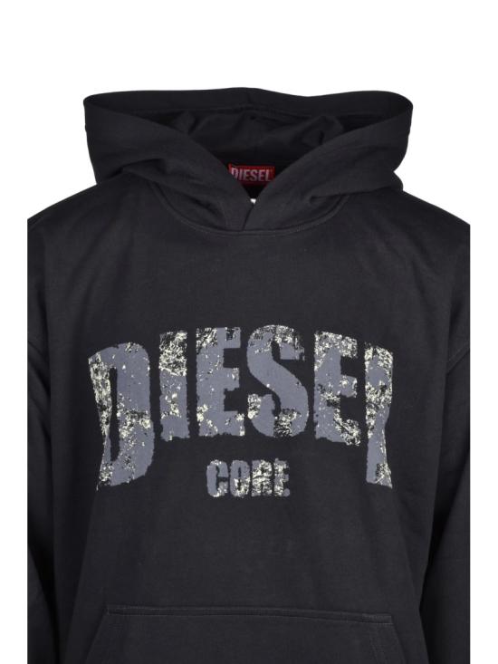 25FW 디젤 후드 티셔츠 빈티지 느낌의 로고와 캥거루 포켓이 있는 블랙 후드티 - DIESEL