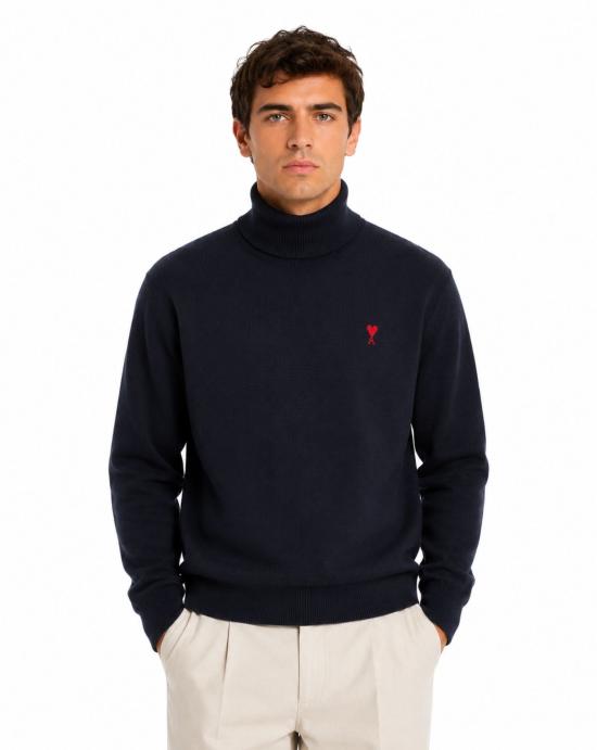  아미 스몰 하트 로고 메리노 울 니트 터틀넥 HKS827 001 414 NAVY RED - AMI