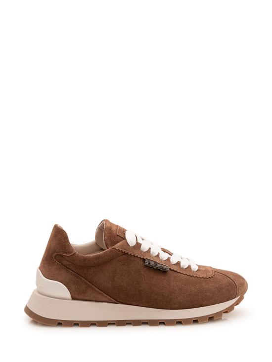 26FW 브루넬로 쿠치넬리 샤이니 탭 디테일 스웨이드 러닝 스니커즈 MZSFG2110 C9773 CARAMELLO
