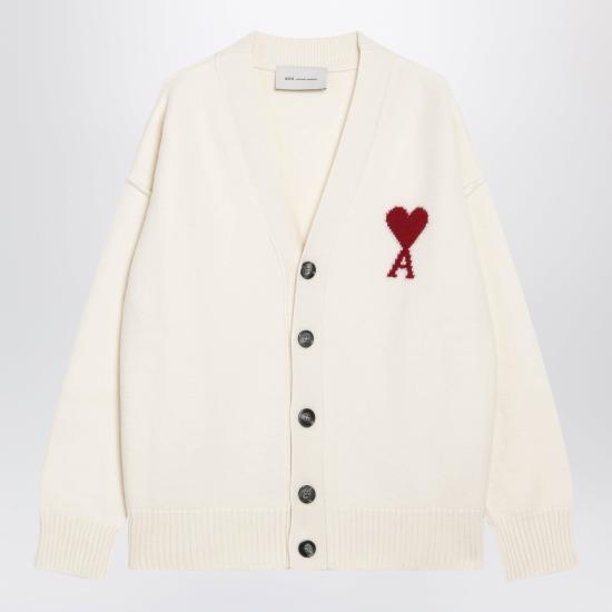26FW 아미 하트 로고 인타르시아 V넥 가디건 UKC367U018 White