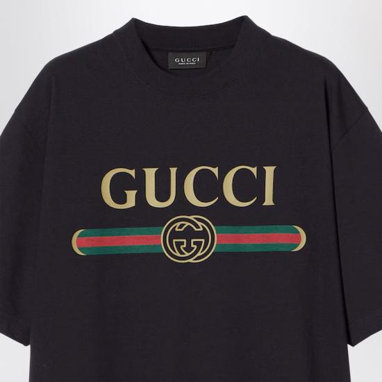 26FW 구찌 로고 프린트 코튼 저지 실크 티셔츠 865015XJHUF Black - GUCCI