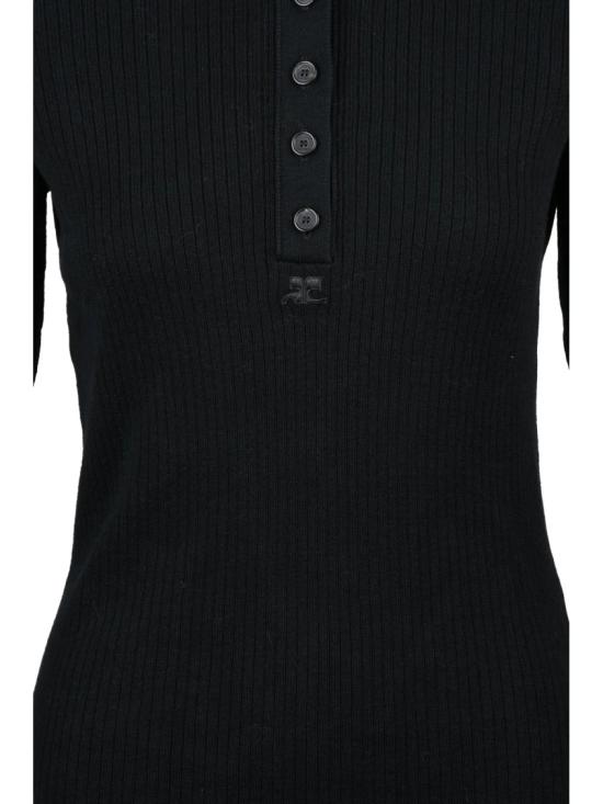25FW 쿠레쥬 긴팔 티셔츠 골지 질감과 슬림핏 실루엣의 블랙 니트 폴로 셔츠 - COURREGES