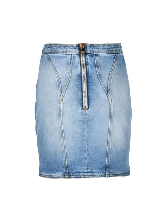 25FW 발망 데님 스커트 화려한 버튼 디테일이 돋보이는 연한 파란색 스트레치  미니스커트 - BALMAIN