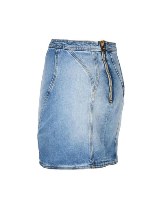 25FW 발망 데님 스커트 화려한 버튼 디테일이 돋보이는 연한 파란색 스트레치  미니스커트 - BALMAIN