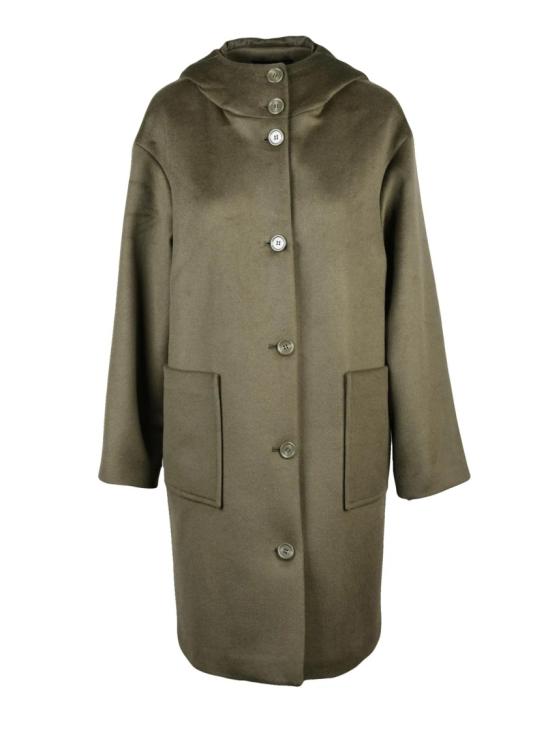 25FW 페니 블랙 코트 하이 칼라와 버튼 여밈이 특징인, 유행을 타지 않는 녹색 울 오버