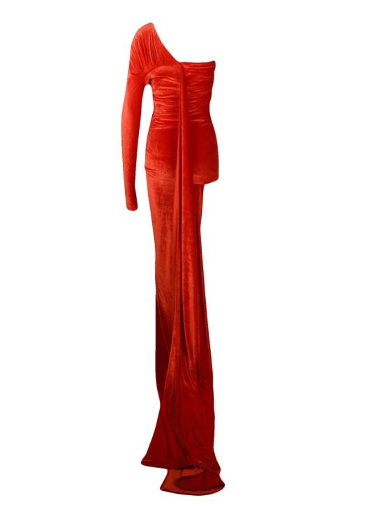 25FW 발렌시아가 숏 원피스 비대칭 드레이핑이 돋보이는 벨벳 원숄더 이브닝 드레스 - BALENCIAGA