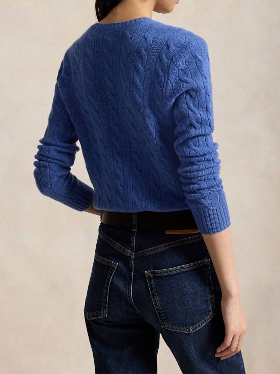 26FW 폴로 랄프로렌 포니 로고 자수 케이블 니트 v넥 스웨터 211971866 502 BLUE - POLO RALPH LAUREN