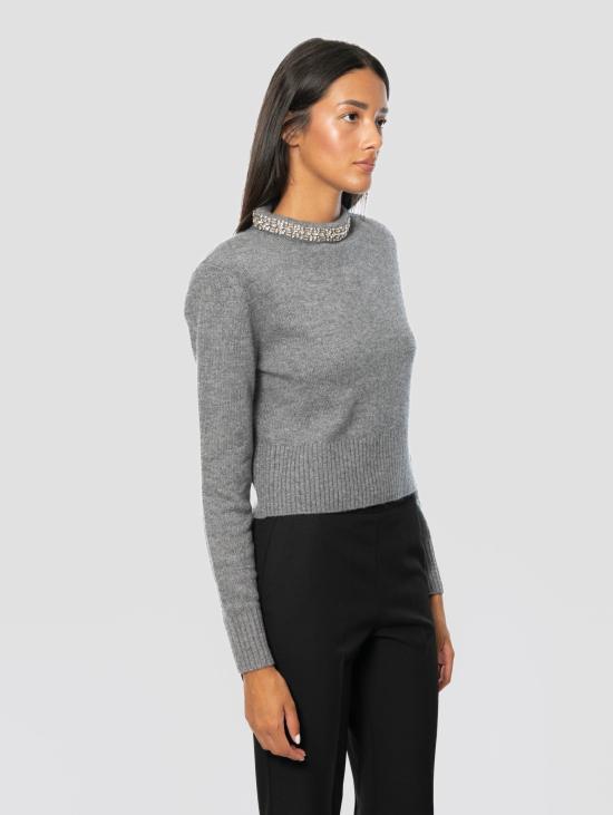 26FW 핑코 스웨터 Maglia Cropped con Collo Gioiello Grigio - PINKO