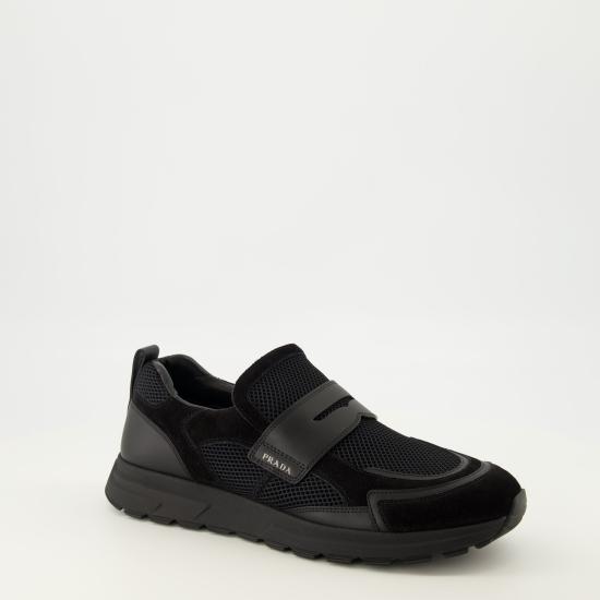 26FW 프라다 프랙스 메쉬 패브릭 및 가죽 하이브리드 로퍼 2DE163 3ZM0 F0002 BLACK DOM - PRADA