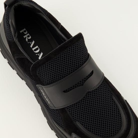 26FW 프라다 프랙스 메쉬 패브릭 및 가죽 하이브리드 로퍼 2DE163 3ZM0 F0002 BLACK DOM - PRADA