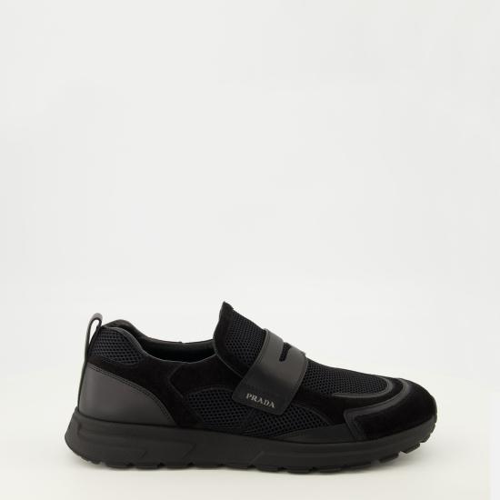 26FW 프라다 프랙스 메쉬 패브릭 및 가죽 하이브리드 로퍼 2DE163 3ZM0 F0002 BLACK DOM