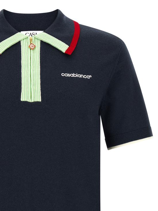 26FW 카사블랑카 폴로 티셔츠 지퍼가 달린 니트 폴로 셔츠 (블루) - CASABLANCA