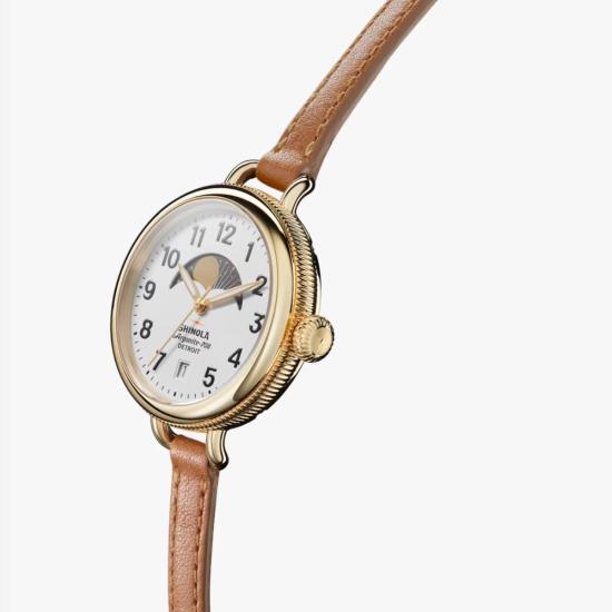  시놀라 손목시계 버디 문페이즈 34mm 버번 가죽 스트랩 시계 - SHINOLA