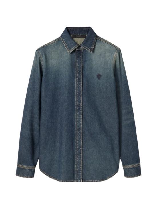 26SS 구찌 워시드 인증 코튼 데님 셔츠 셔츠 860842XDDFW4011 Green