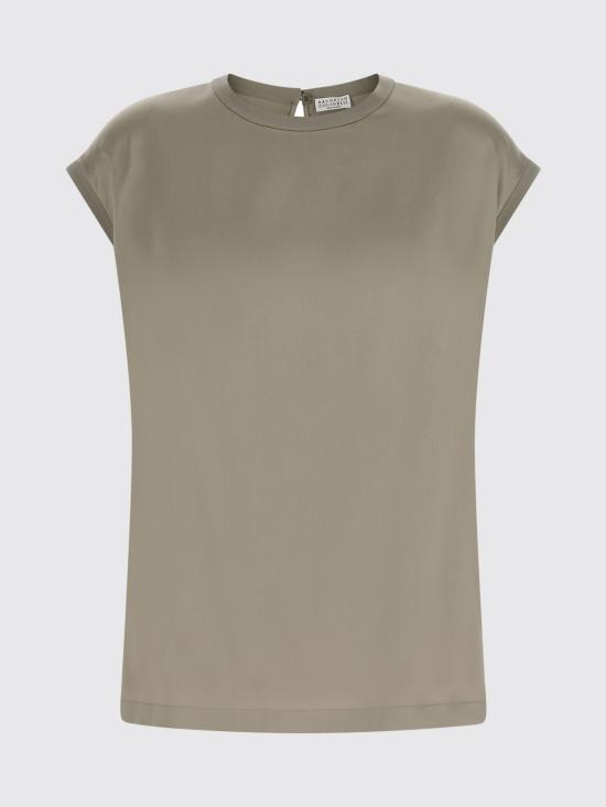 26SS 브루넬로 쿠치넬리 모닐리 스트레치 실크 새틴 티셔츠 M0C59EH500 C9125 Green - BRUNELLO CUCINELLI