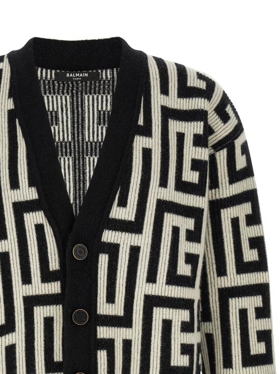 26FW 발망 니트웨어 모노그램 매크로 가디건 스웨터 및 가디건 화이트/블랙 - BALMAIN