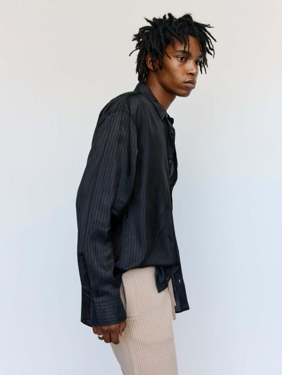  드리스 반 노튼 긴팔 셔츠 Dries Van Noten 스트라이프 쿠프로 크룸  다크 브라운 - DRIES VAN NOTEN