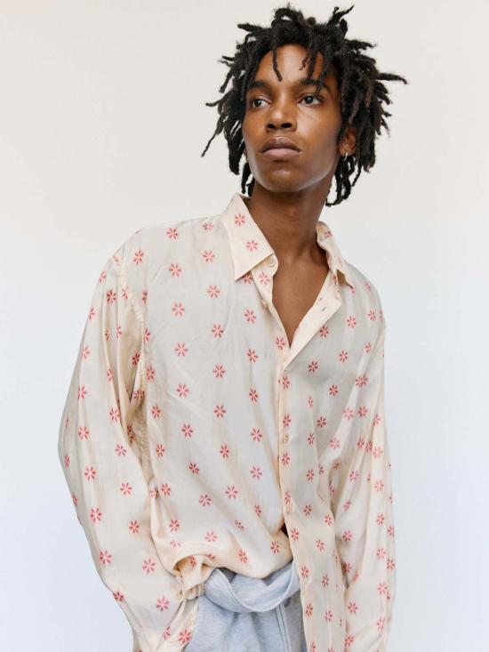  드리스 반 노튼 탑 Dries Van Noten 플로럴 쿠프로 자카드 크룸 루즈 셔츠 - DRIES VAN NOTEN