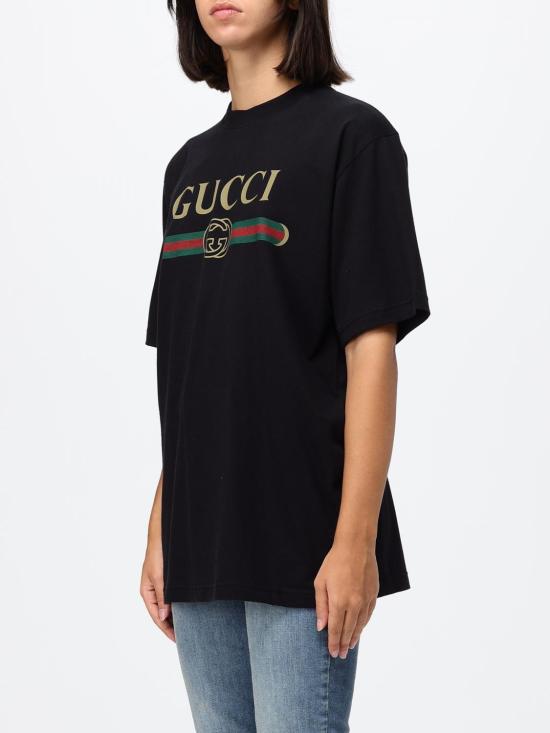 26FW 구찌 로고 프린트 코튼 저지 실크 티셔츠 865015XJHUF 1152 Black - GUCCI