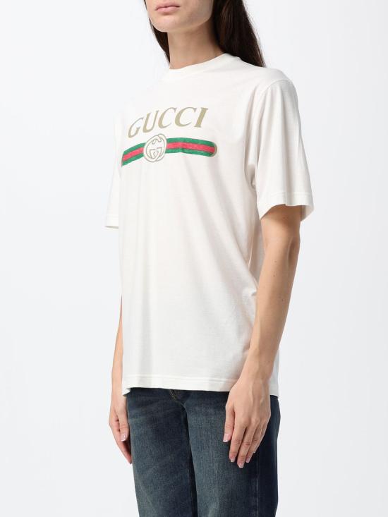 26FW 구찌 로고 프린트 코튼 저지 실크 티셔츠 865015XJHUF 9280 White - GUCCI