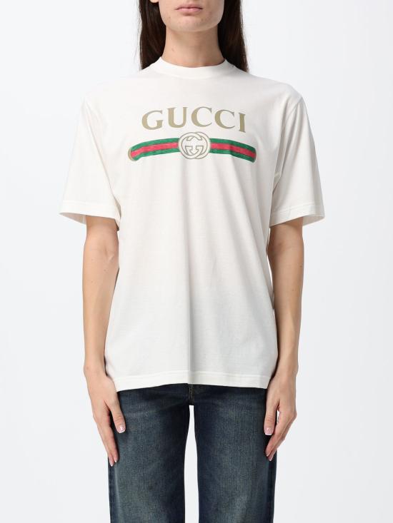 26FW 구찌 로고 프린트 코튼 저지 실크 티셔츠 865015XJHUF 9280 White
