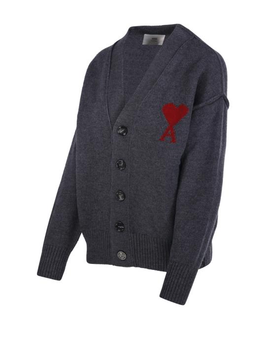 26FW 아미 하트 로고 인타르시아 V넥 가디건 UKC367 018 084 HEATHER GREY RED - AMI