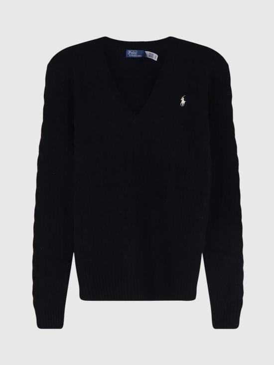 26FW 폴로 랄프로렌 포니 로고 자수 케이블 니트 v넥 스웨터 211971866 005 Black - POLO RALPH LAUREN