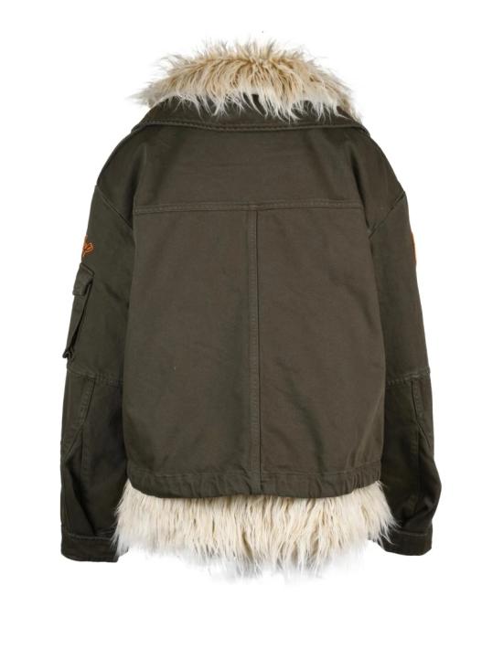 25FW 돈답 무스탕 밀리터리 그린 색상의 퀼팅 안감 탈부착식 퍼 캔버스 재킷 - DONDUP