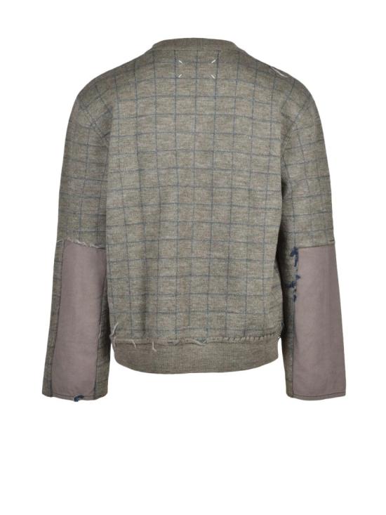 25FW 마르지엘라 니트웨어 녹색 브이넥 패치워크 버진 울 스웨터 - MAISON MARGIELA