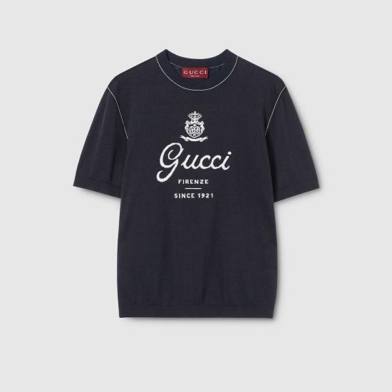26SS 구찌 프린트 디테일 니트 실크 리넨 티셔츠 851828XKFC84041 blue