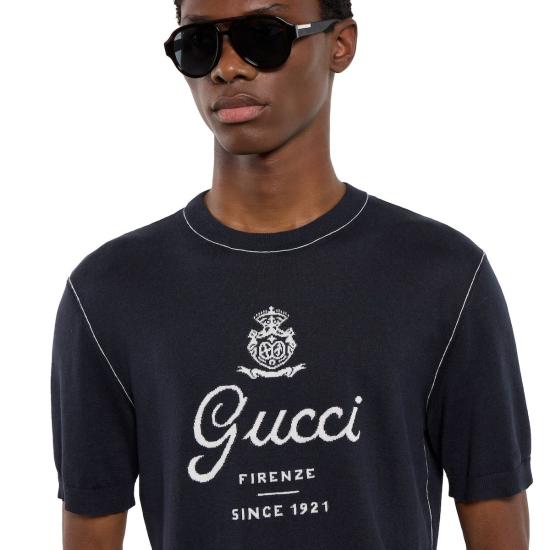 26SS 구찌 프린트 디테일 니트 실크 리넨 티셔츠 851828XKFC84041 blue - GUCCI