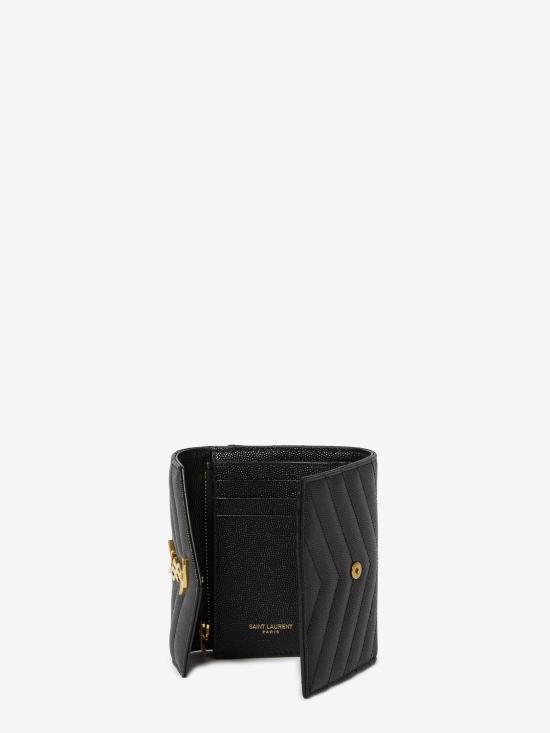 26FW 생로랑 텍스처드 퀼티드 레더 컴팩트 3단 모노그램 지갑 403943BOW01 1000 BLACK - SAINT LAURENT